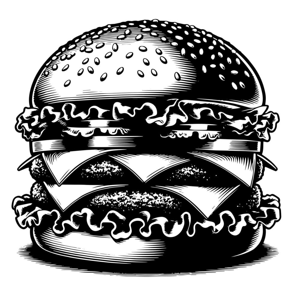 Preto e branco ilustração do uma saboroso grelhado Hamburguer de queijo vetor