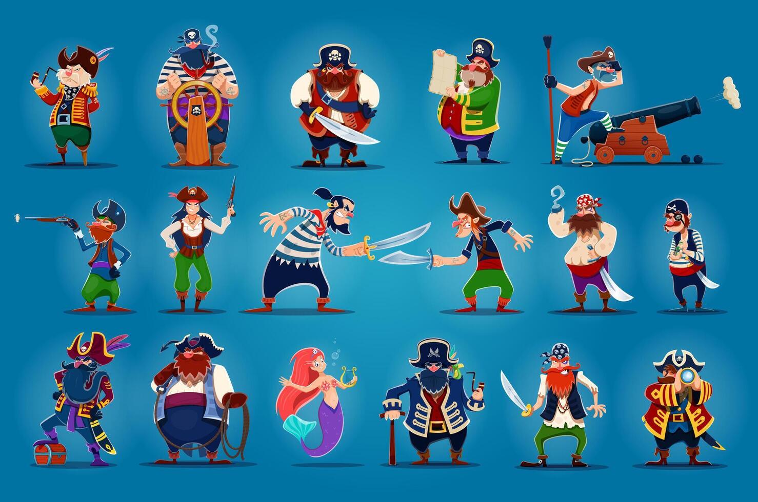 desenho animado pirata capitães, sereia, corsário marinheiros vetor