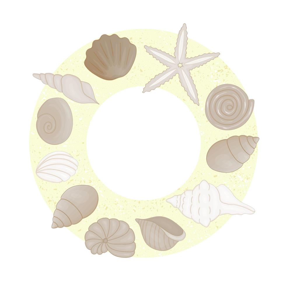 vetor colorido conjunto de conchas emolduradas em círculo na areia amarela como plano de fundo. moldura marinha colorida. ilustração subaquática.