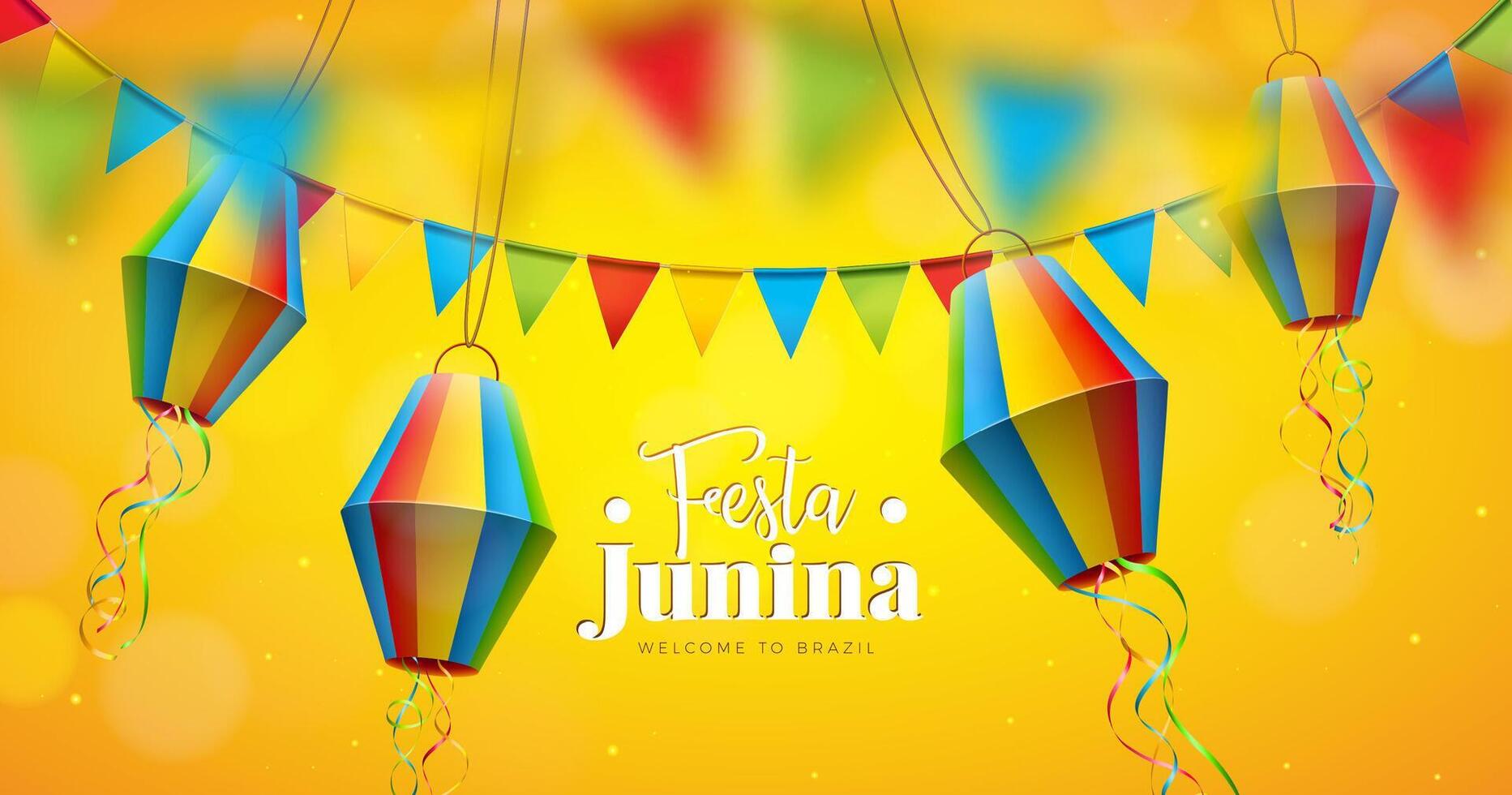 festa junina ilustração com festa bandeiras e papel lanterna em amarelo fundo. Brasil Junho tradicional feriado festival Projeto para celebração bandeira, cumprimento cartão, convite ou poster vetor