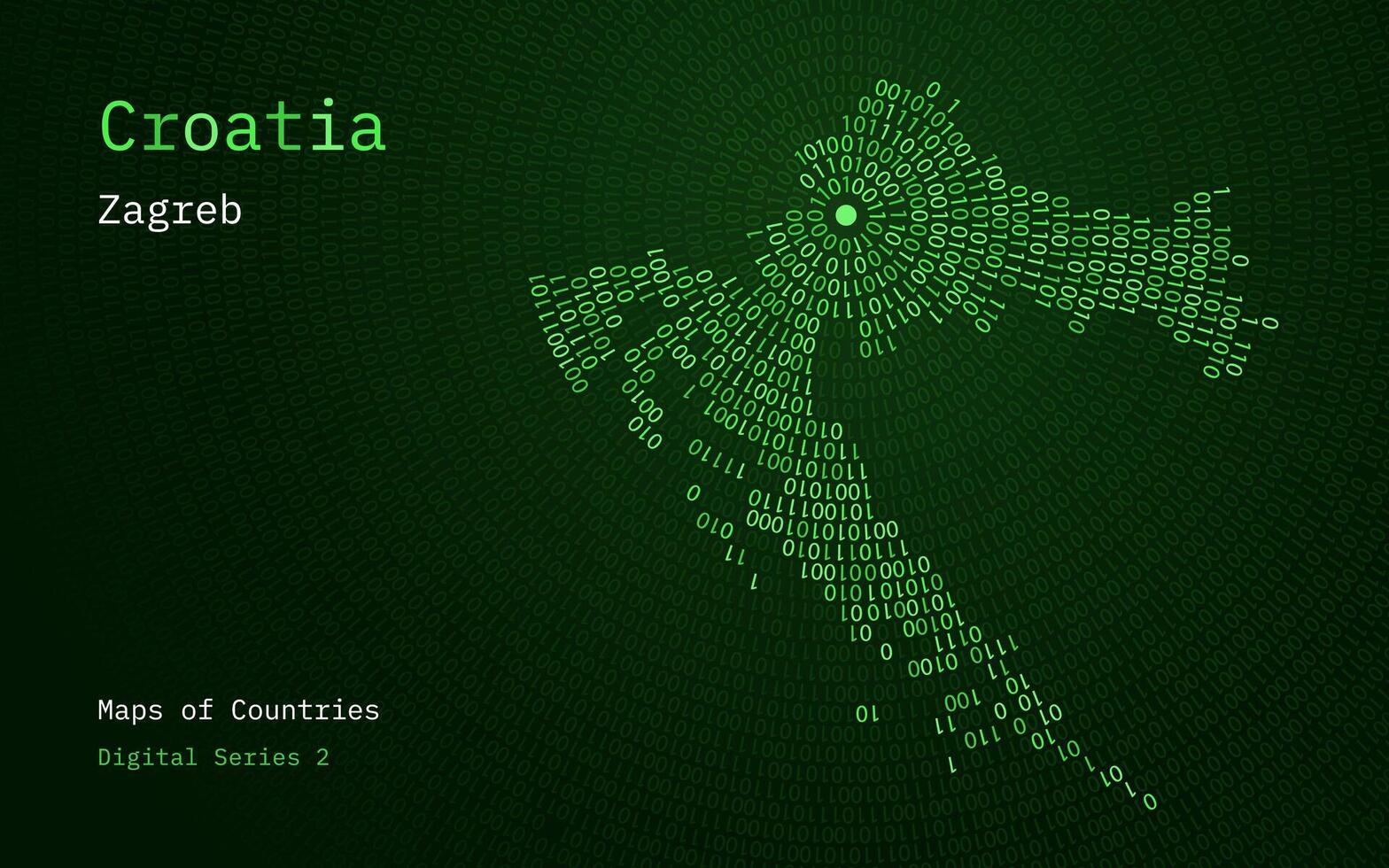 uma mapa do Croácia retratado dentro zeros e uns dentro a Formato do uma círculo. a capital, zagreb, é mostrando dentro a Centro do a círculo vetor