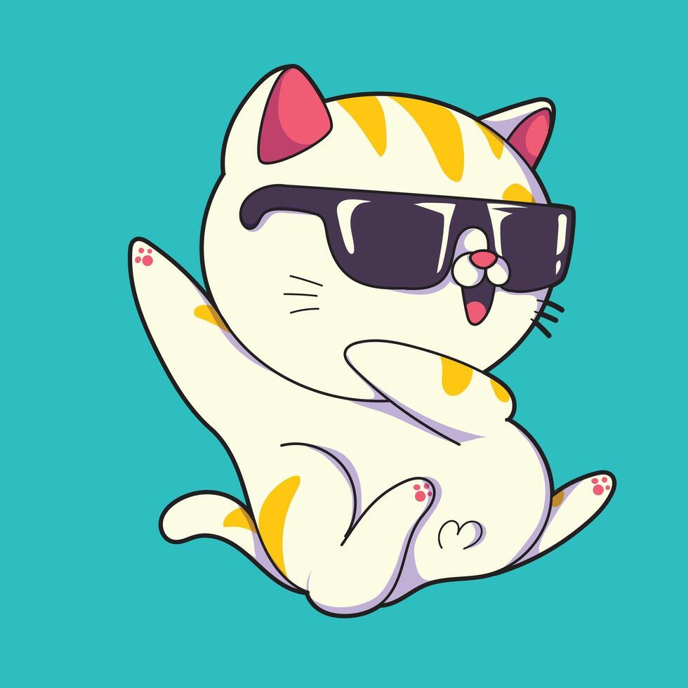 fofa gato dançando com dele mãos acima e vestindo oculos de sol vetor