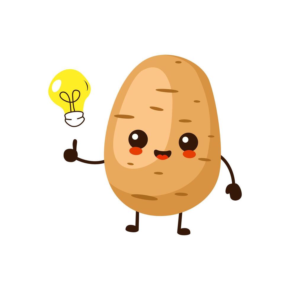 fofa engraçado desenho animado batata fruta com idéia luz lâmpada vetor