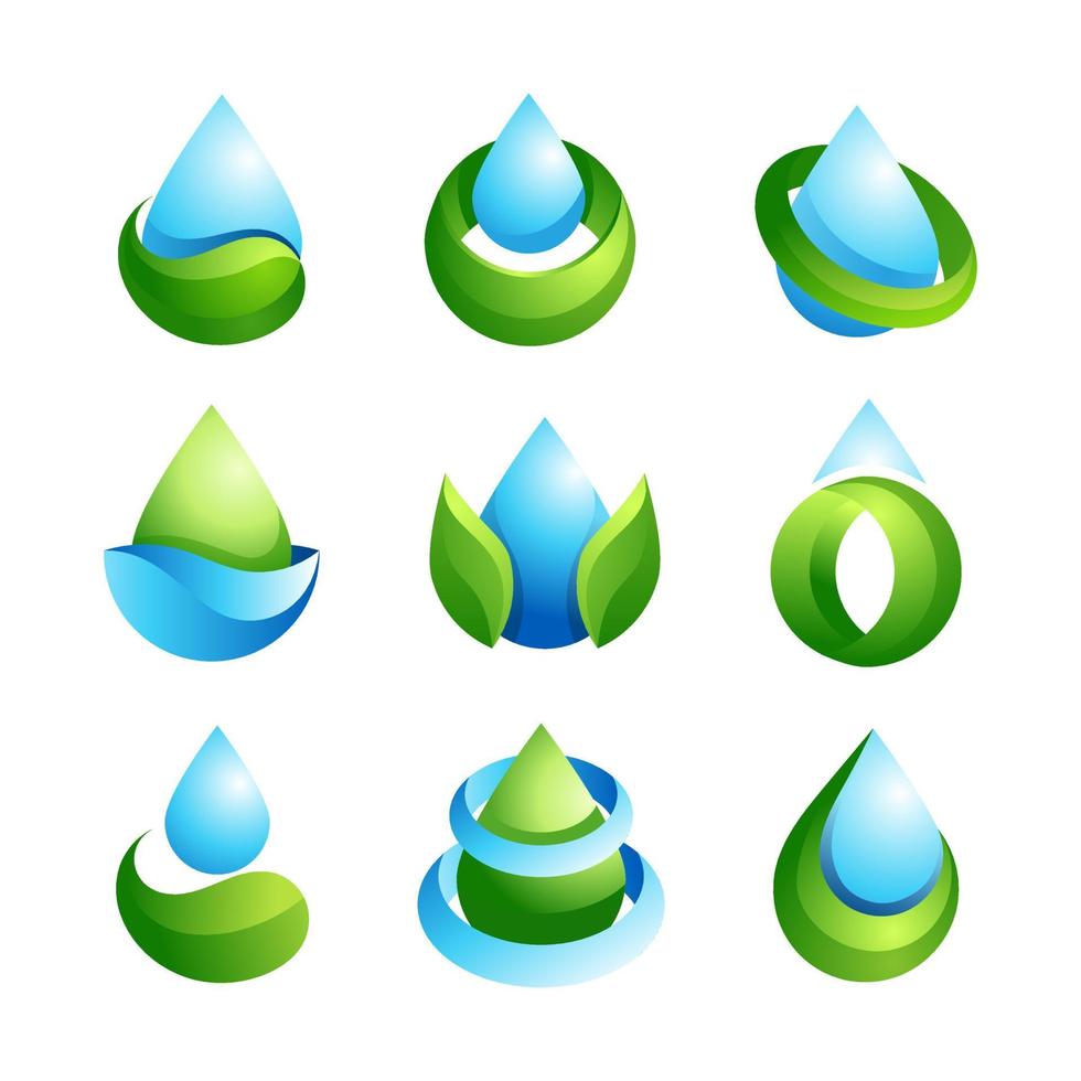 Design de logotipo de gota de água 3D com cores gradientes de azul e verde, conjunto de pacotes de modelo de ícone de vetor. vetor