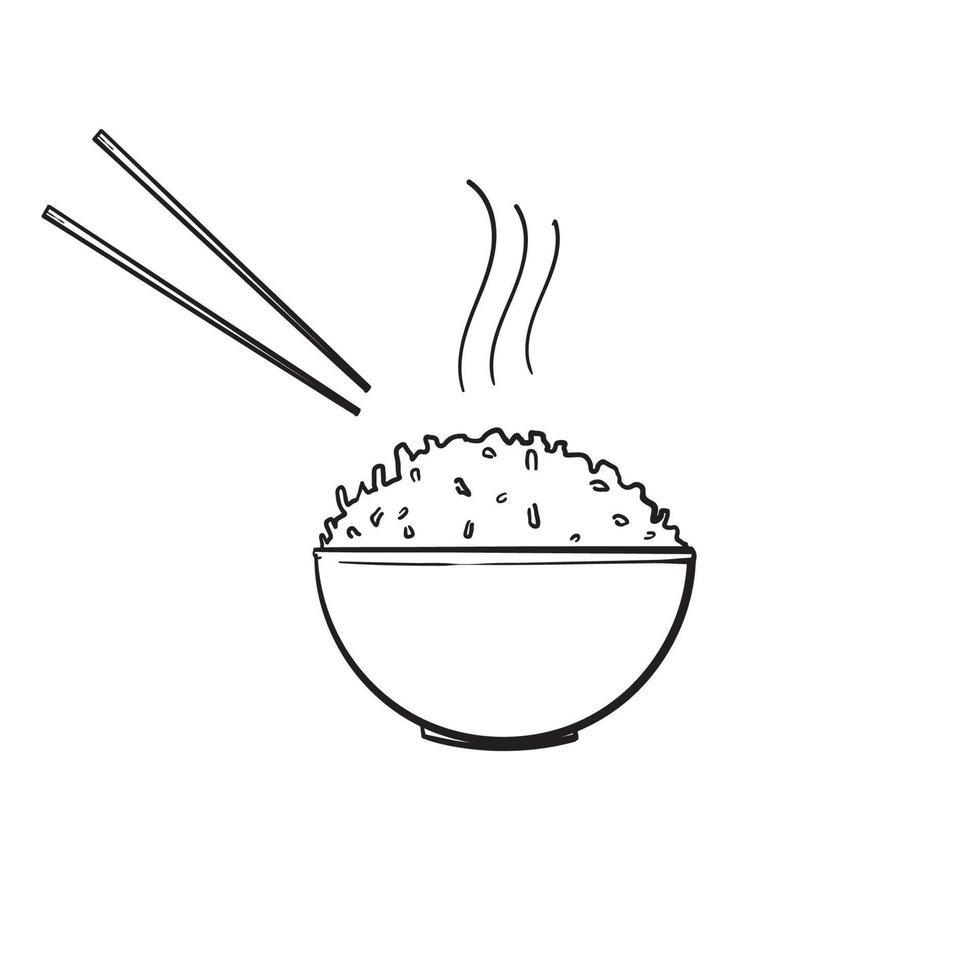 mão desenhada arroz em uma tigela com pauzinho para restaurante em vetor de estilo doodle