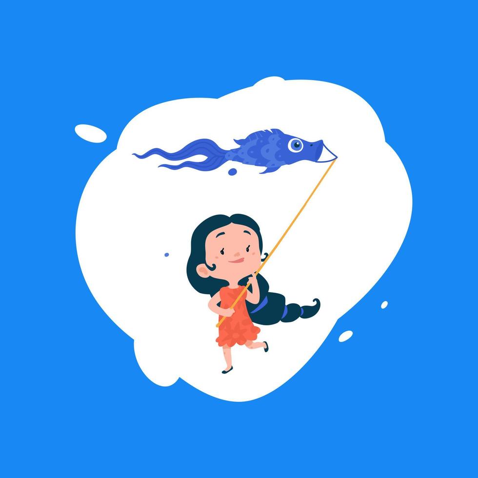 uma garota lança uma pipa na forma de um peixe. vetor. ar e água. loja de artigos e brinquedos infantis. vetor