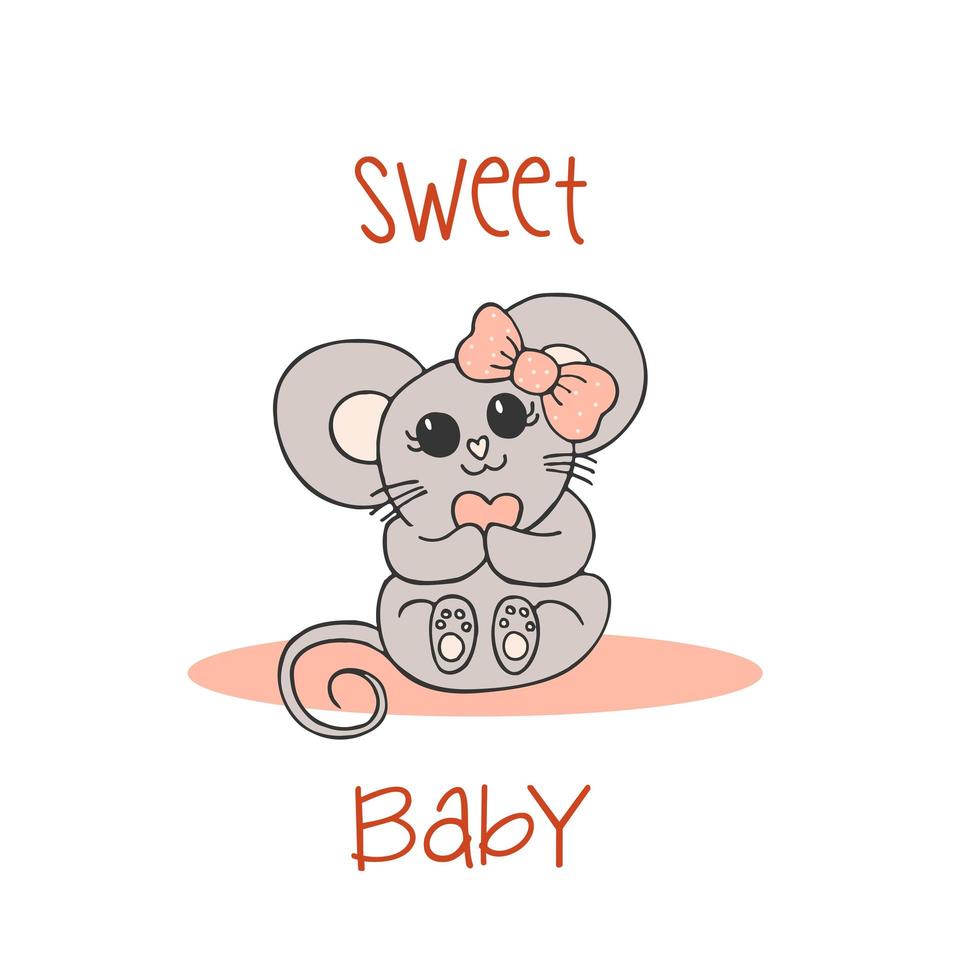 mão desenhada animais fofos com letras. um rato com um laço rosa e um coração. doce Bebê. fundo branco. vetor. vetor