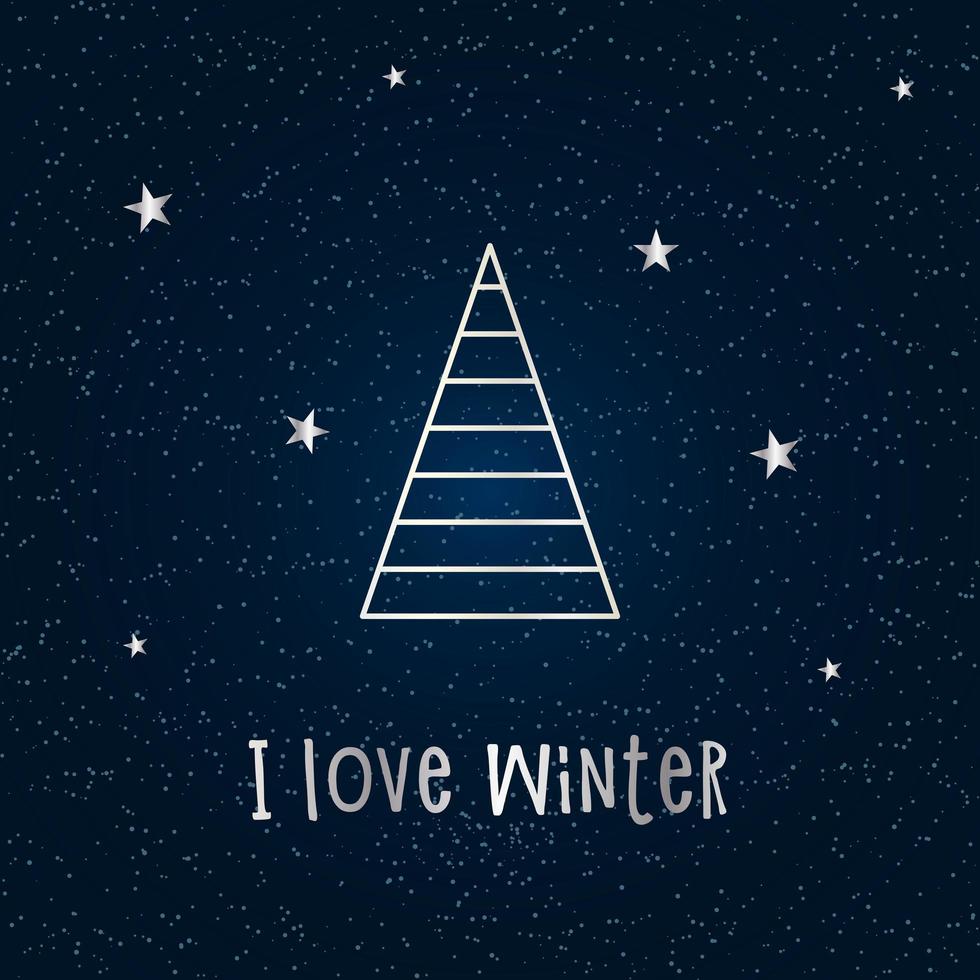 silhueta de prata de uma árvore de Natal com neve e estrelas em um fundo azul escuro. Feliz Natal e Feliz Ano Novo 2022. ilustração em vetor. Eu amo o inverno. vetor