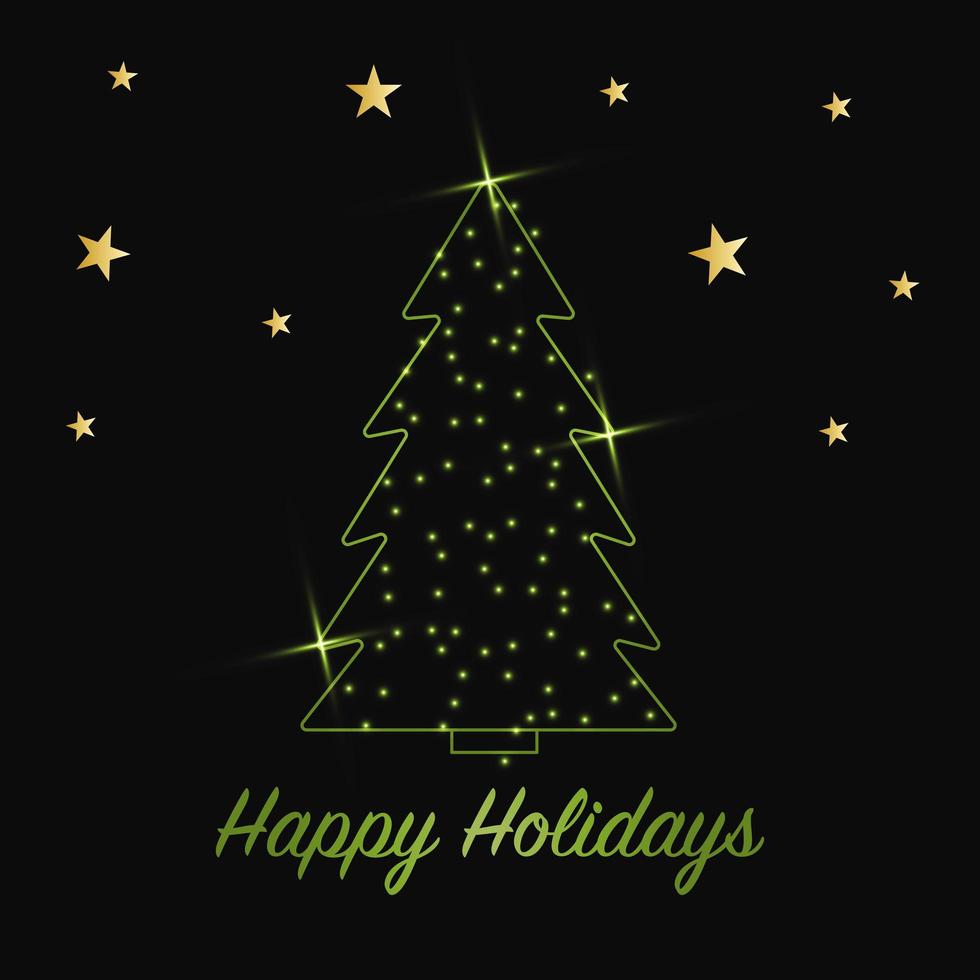 espumante árvore de Natal com poeira brilhante. ícone de contorno metálico verde sobre um fundo escuro. Feliz Natal e Feliz Ano Novo 2022. ilustração em vetor. boas festas. vetor