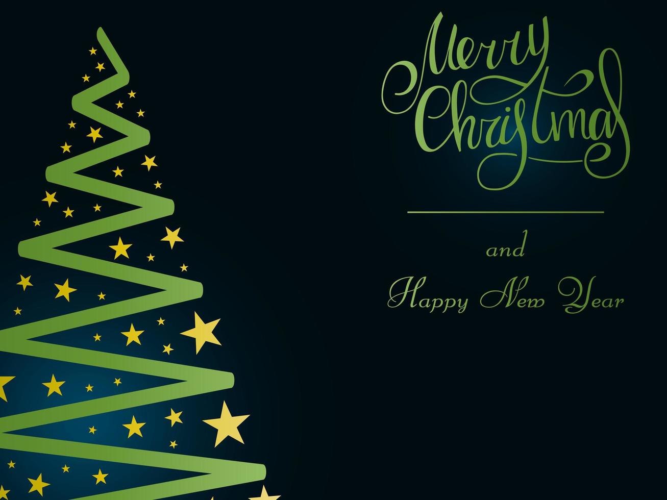 letras verdes manuscritas sobre um fundo azul escuro. árvore de Natal verde mágica com estrelas douradas. Feliz Natal e Feliz Ano Novo de 2022. vetor