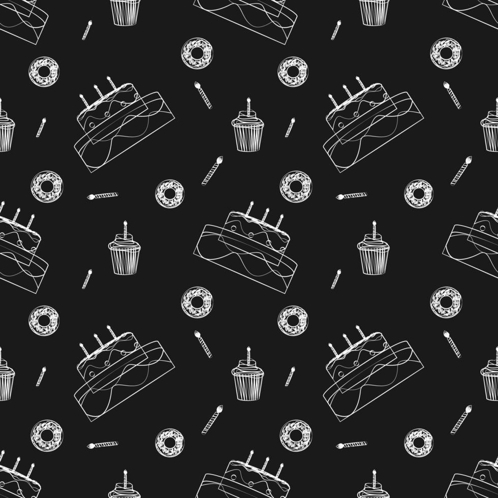 design de esboço de padrão sem emenda de bolo de aniversário e donuts com arte de linha. fundo preto. design de alimentos para papel de parede, pano de fundo, capa, venda, loja e design gráfico. ilustração vetorial vetor