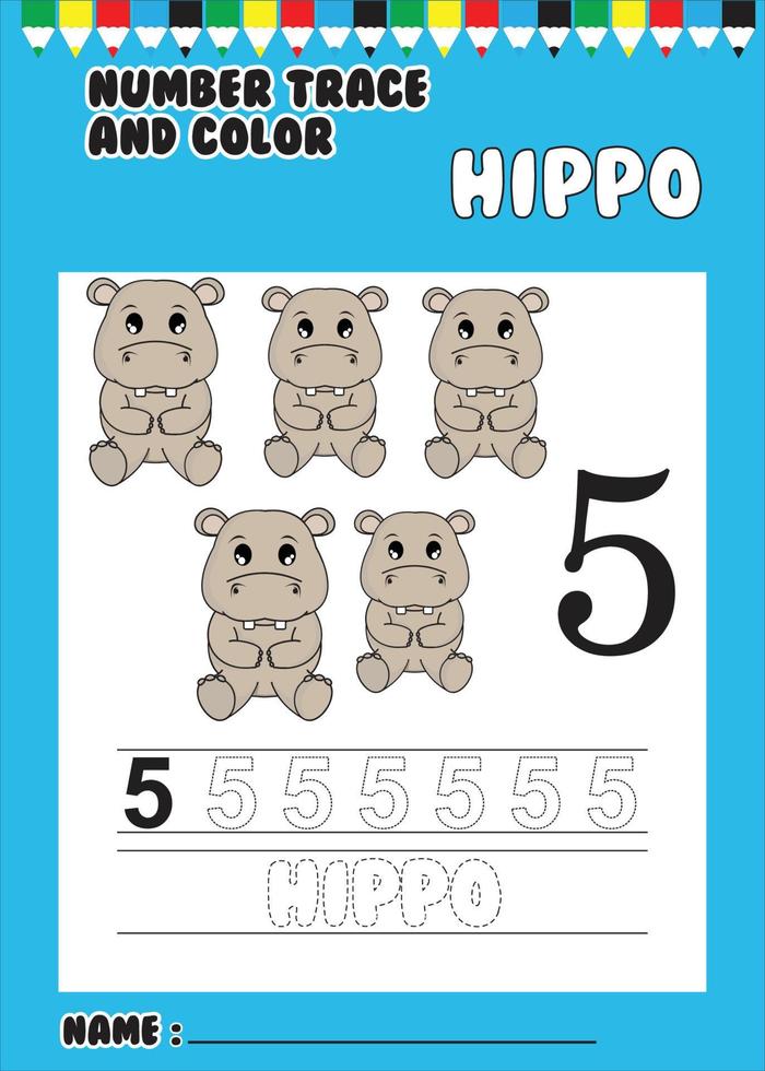 traço e número da cor. rastrear o hipopótamo fofo. vetor