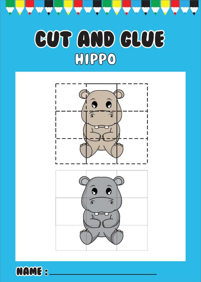 corte e cole a imagem do animal. hipopótamo dos desenhos animados. vetor