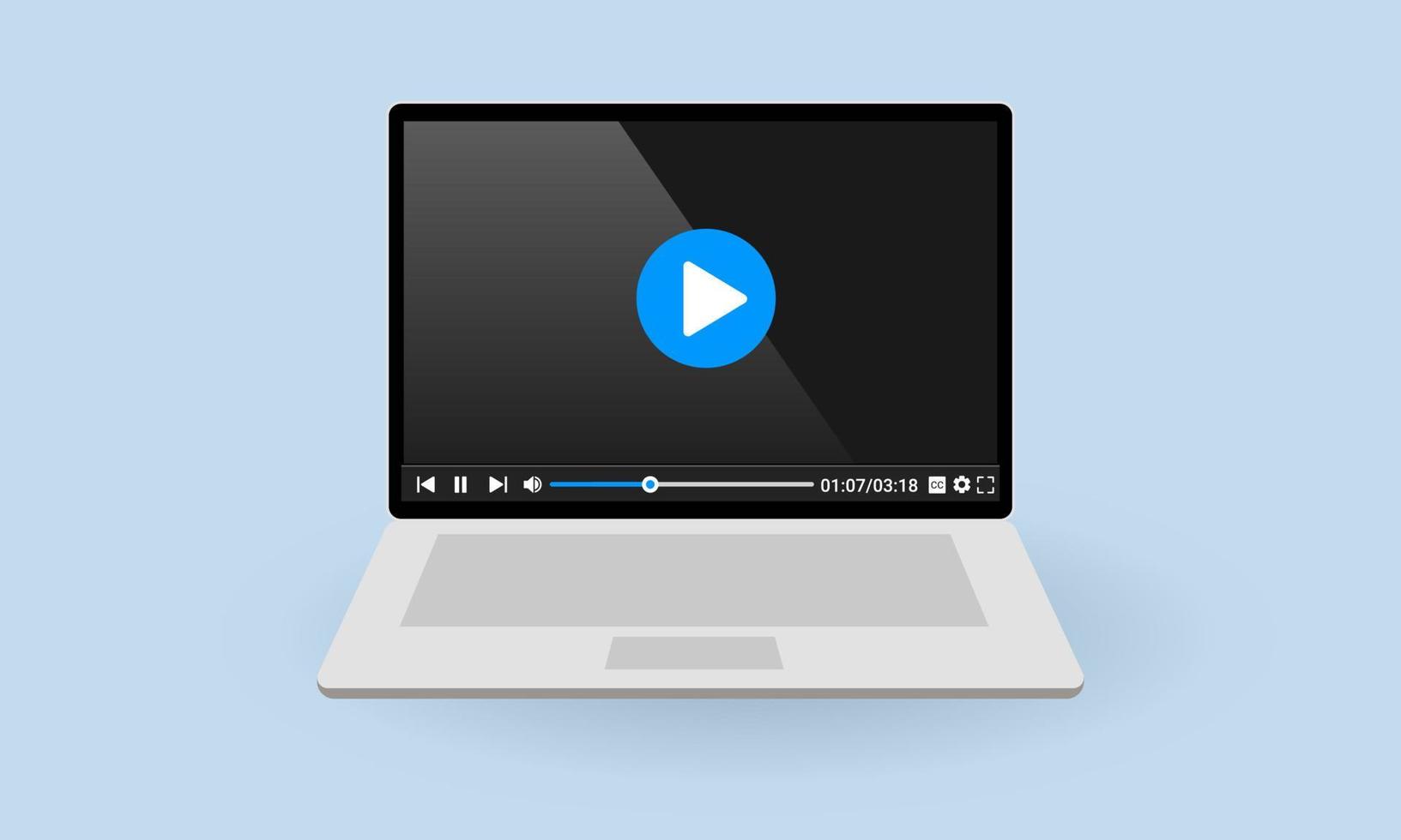 ilustração em vetor de uma tela de laptop mostrando um site de player de vídeo. adequado para elemento de design de marketing de vídeo promocional, tutorial em vídeo online e simulação de interface de usuário do reprodutor de vídeo na web.