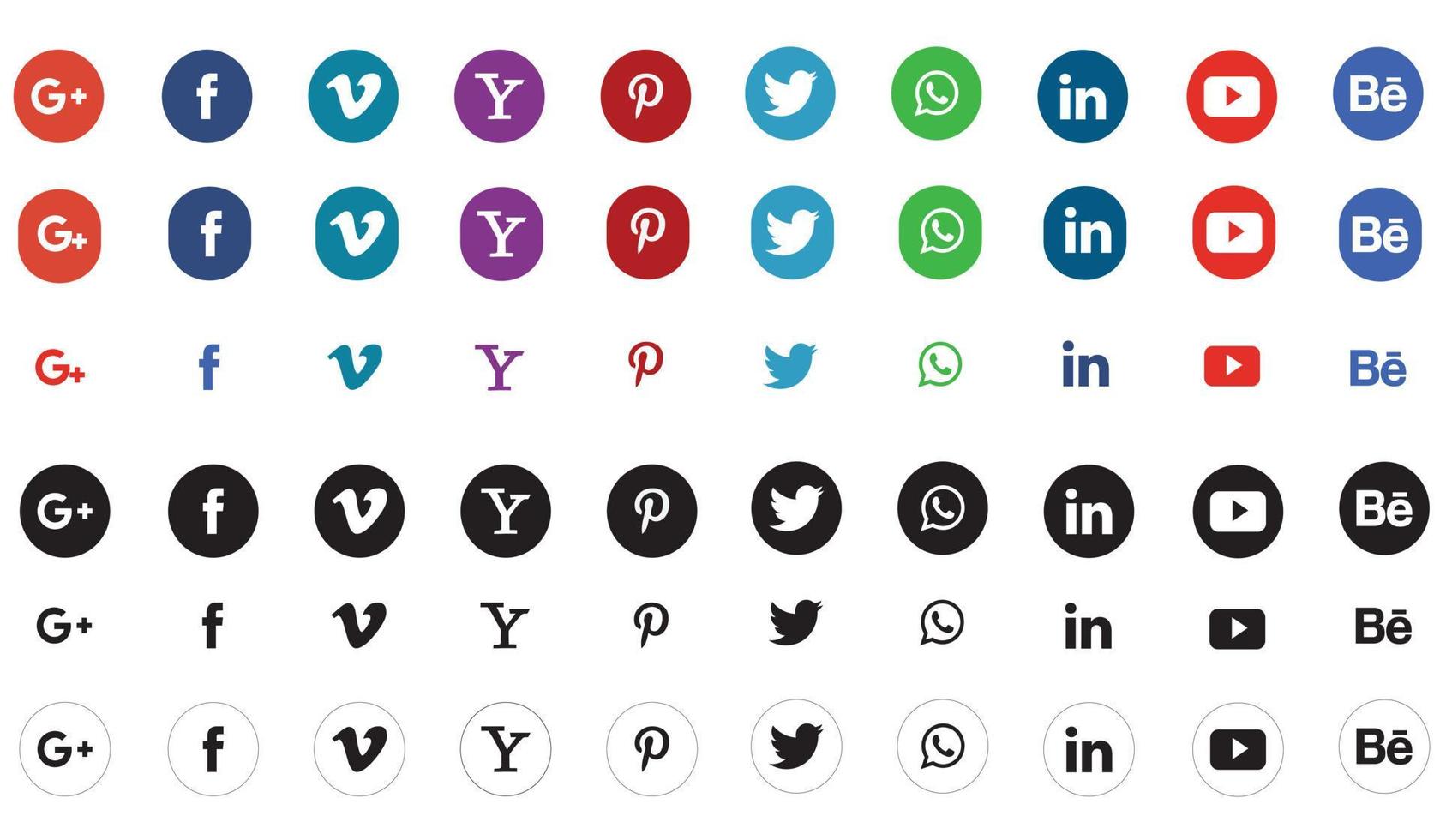 ícones redondos de mídia social ou logotipos de rede social conjunto de ícones plana de vetor para aplicativos e sites