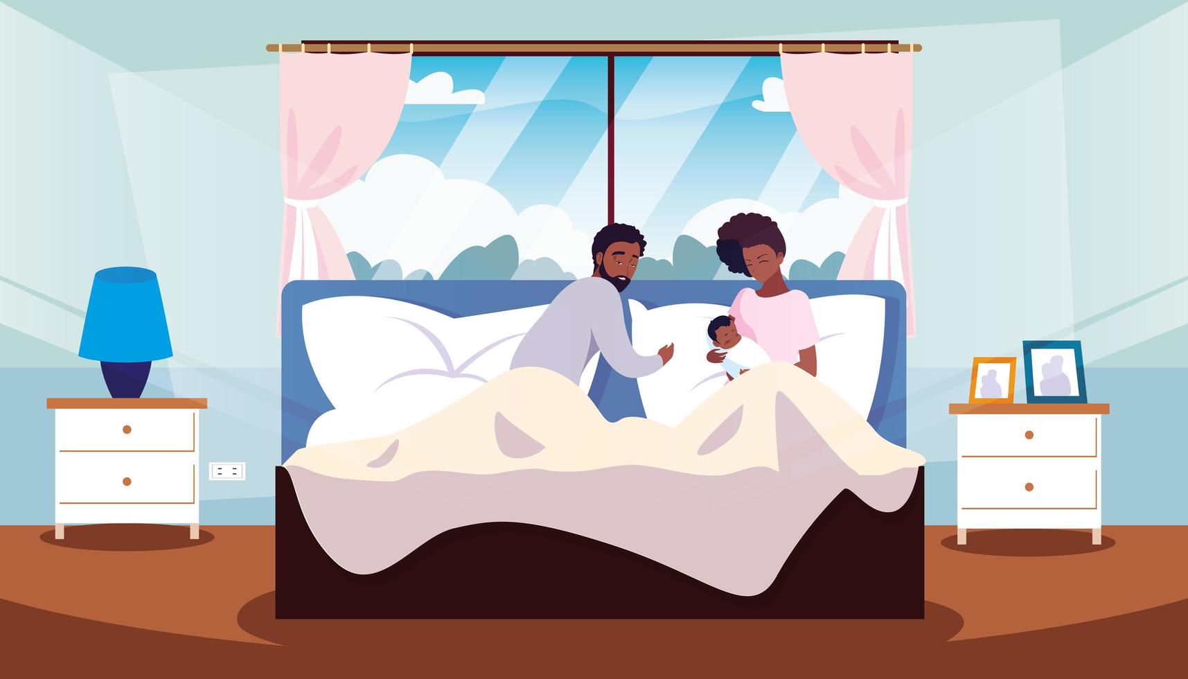 pais afro na cama com recém-nascido dentro do quarto vetor