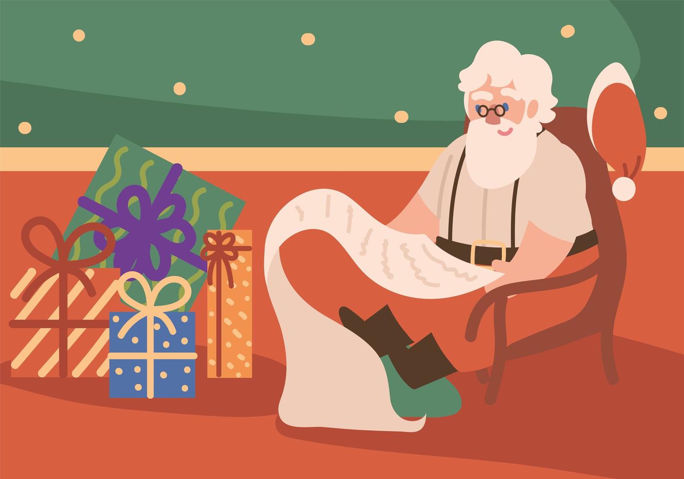 Papai Noel lendo uma lista de desejos vetor