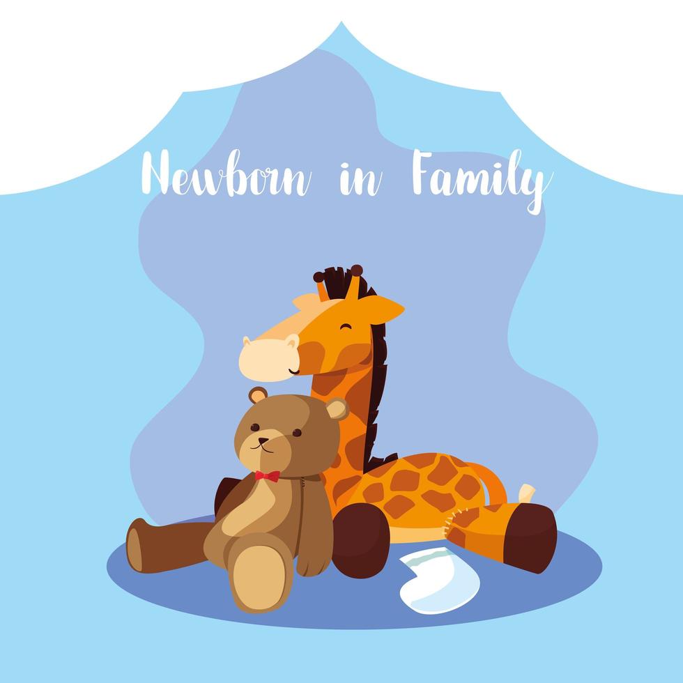 recém-nascido em um cartão de família com um fofo urso de pelúcia e uma girafa recheada vetor