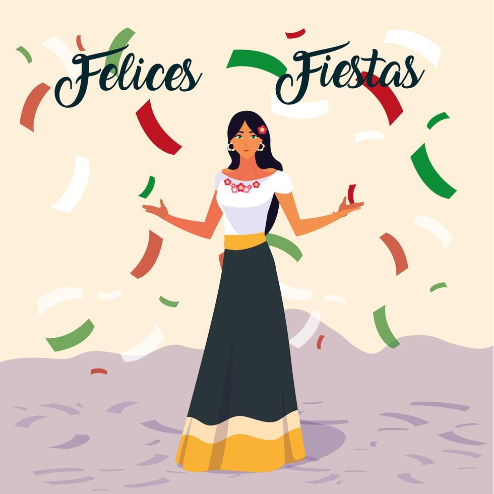 etiqueta felices fiestas com mulher e traje típico mexicano vetor