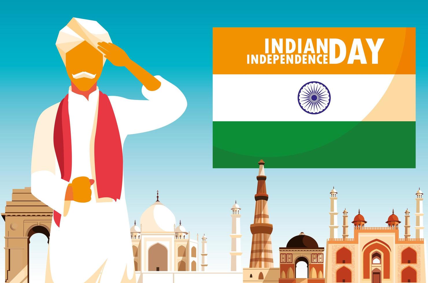 rótulo indiano do dia da independência com o homem e a bandeira vetor