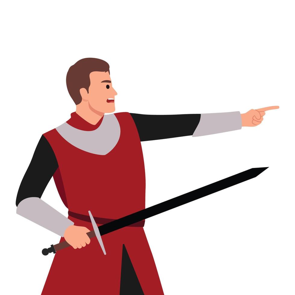 jovem medieval Guerreiro ou cavaleiro com sujo ferido face segurando grande espada. vetor