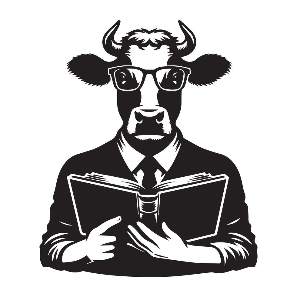 ilustração do uma professor vaca com óculos e uma livro dentro Preto e branco vetor