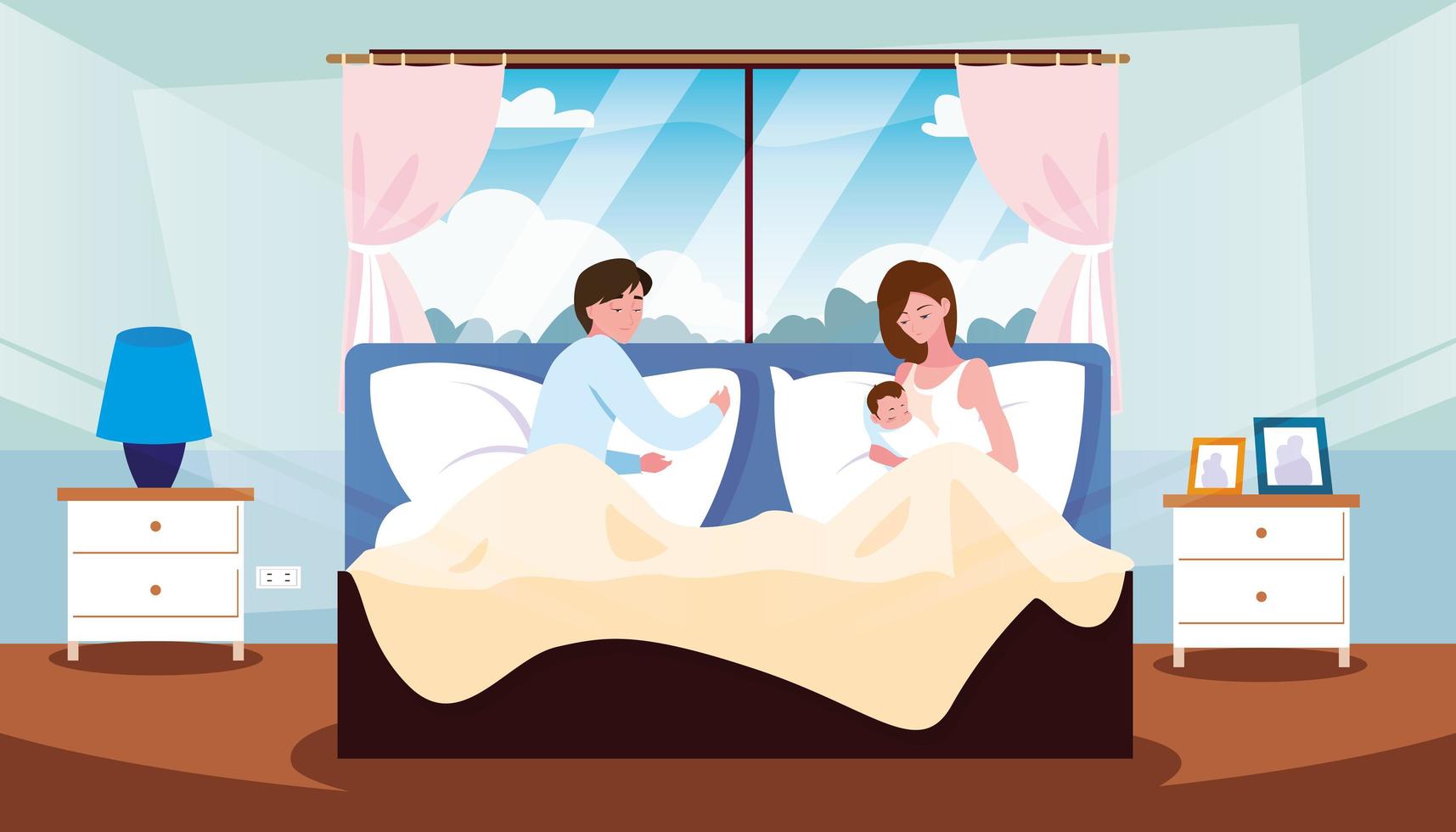 pais na cama com o recém-nascido dentro do quarto vetor