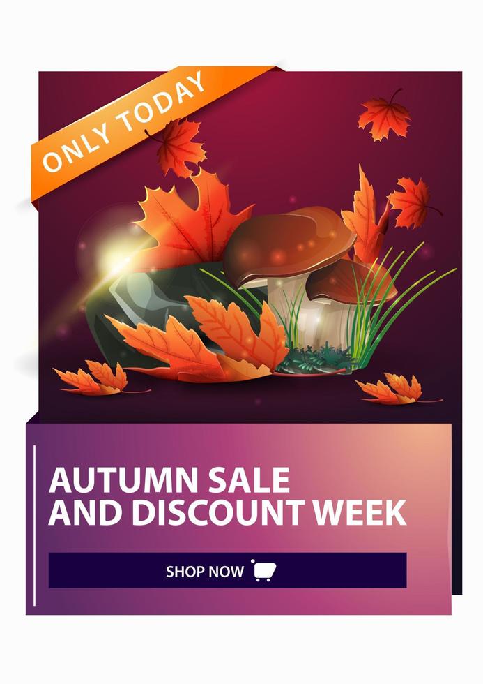 venda de outono, banner web vertical de desconto com cogumelos e folhas de outono vetor