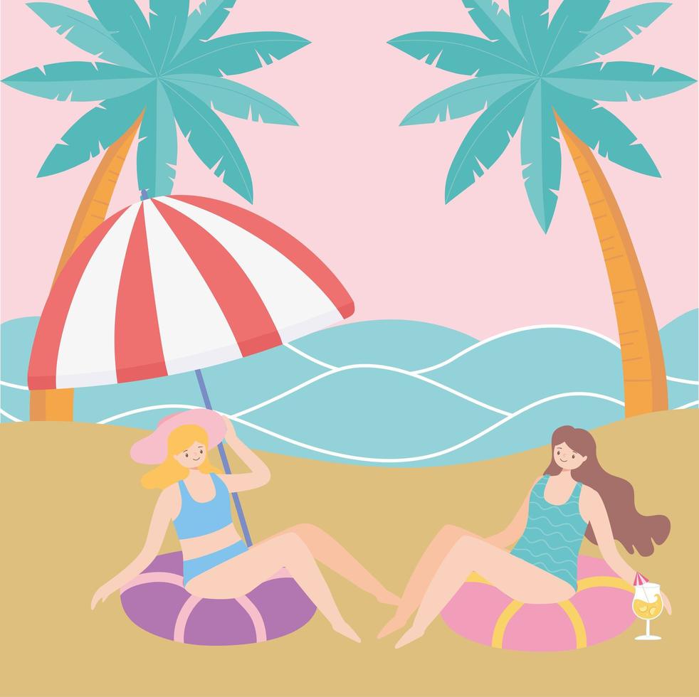 verão praia meninas sentadas em carros alegóricos turismo de férias vetor