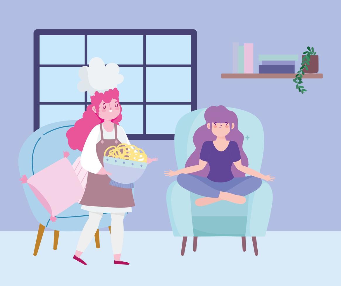 ficar em casa, chef feminina com macarrão e menina sentada na cadeira desenho animado, cozinhar atividades de quarentena vetor