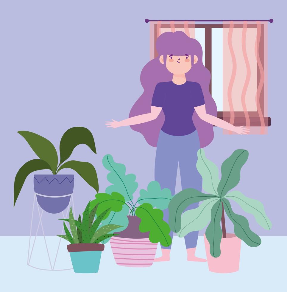 ficar em casa, menina com plantas domésticas, jardinagem, auto-isolamento, atividades em quarentena para coronavírus vetor