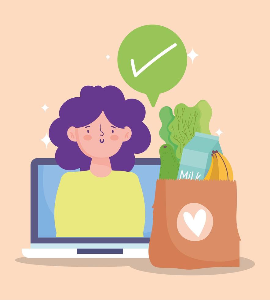 mercado online, mulher encomendando marca de seleção virtual, entrega de comida em supermercado vetor