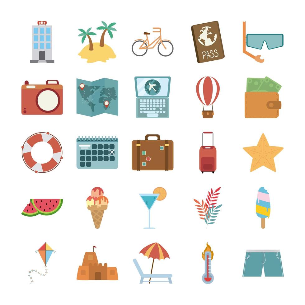 viagens e férias de verão em conjunto de ícones isolados de estilo simples vetor