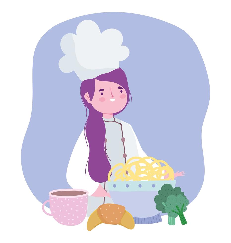 ficar em casa, chef feminina com desenho animado de brócolis com pão de macarrão, atividades de quarentena de culinária vetor