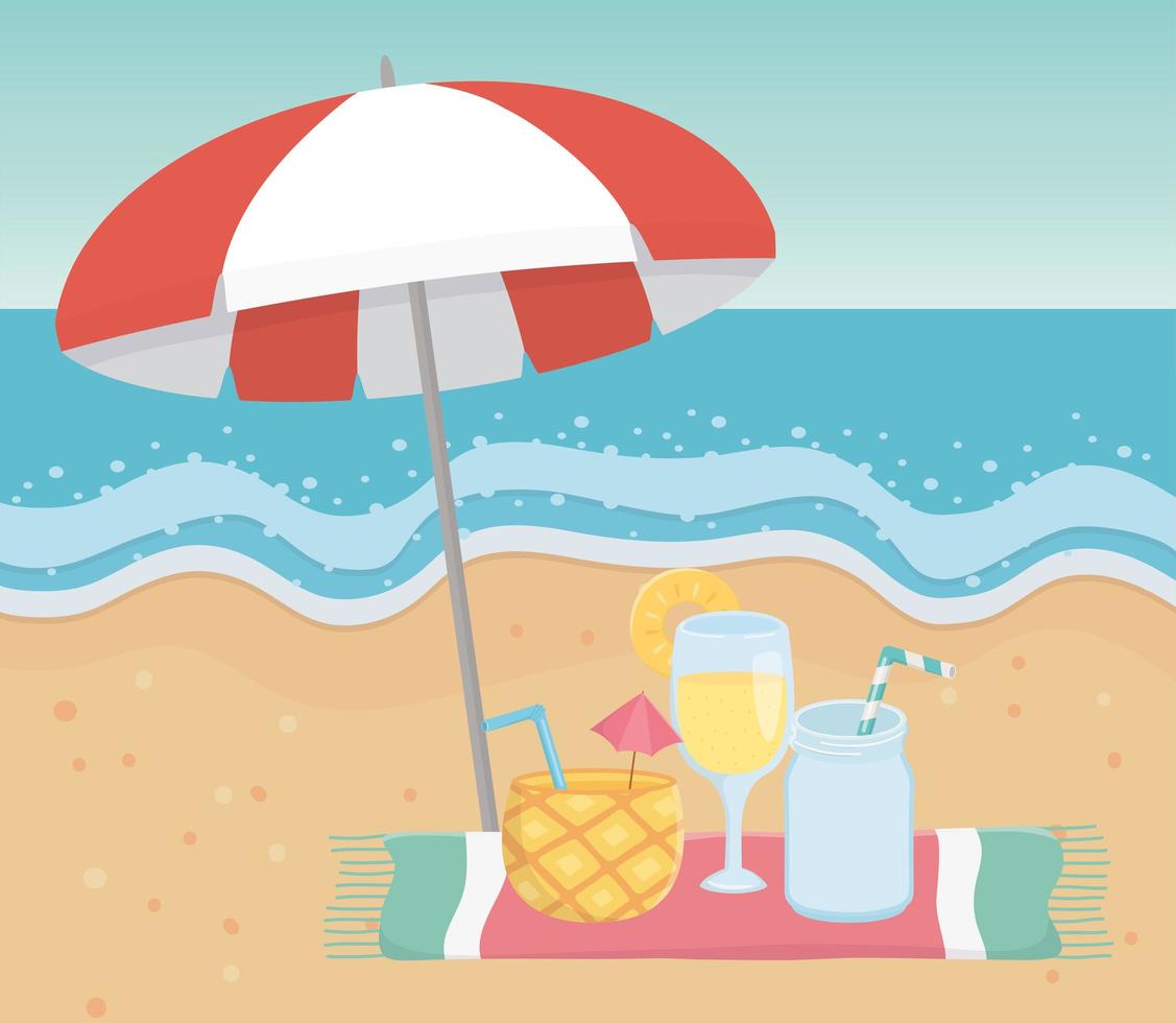 verão viagem e férias abacaxi coquetel suco bebida guarda-chuva toalha praia vetor