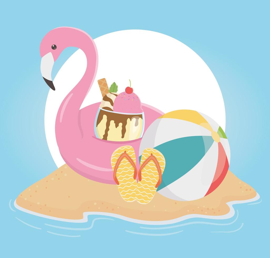 verão viagem e férias float flamingo chinelos bola de praia sorvete de areia vetor