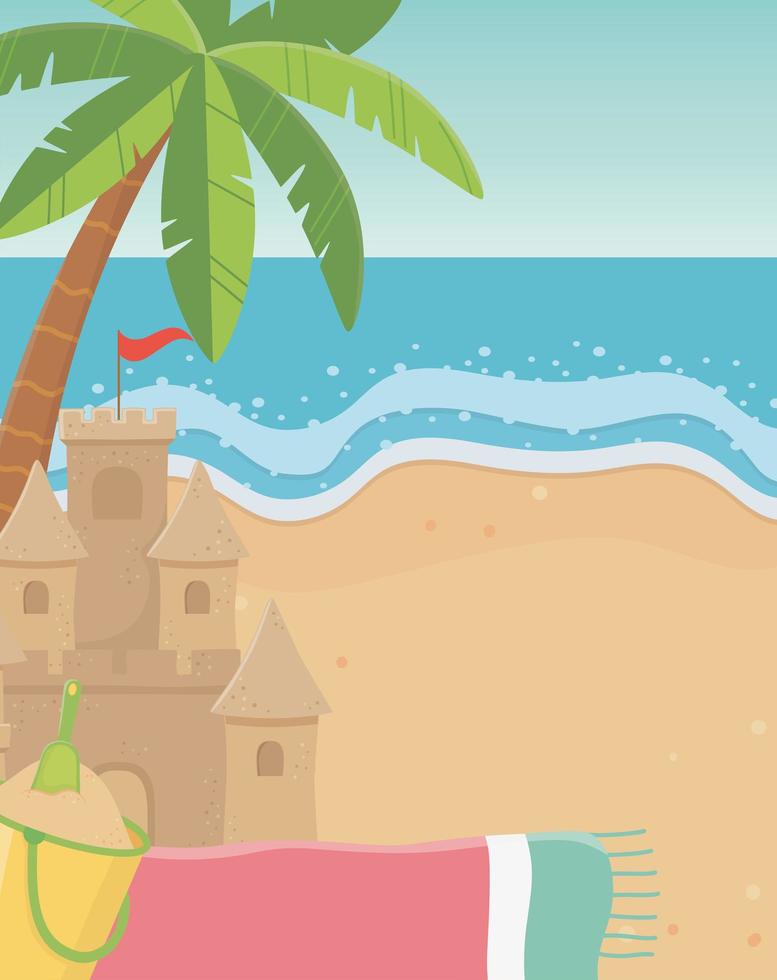 verão viagem e férias areia castelo balde toalha palm praia vetor