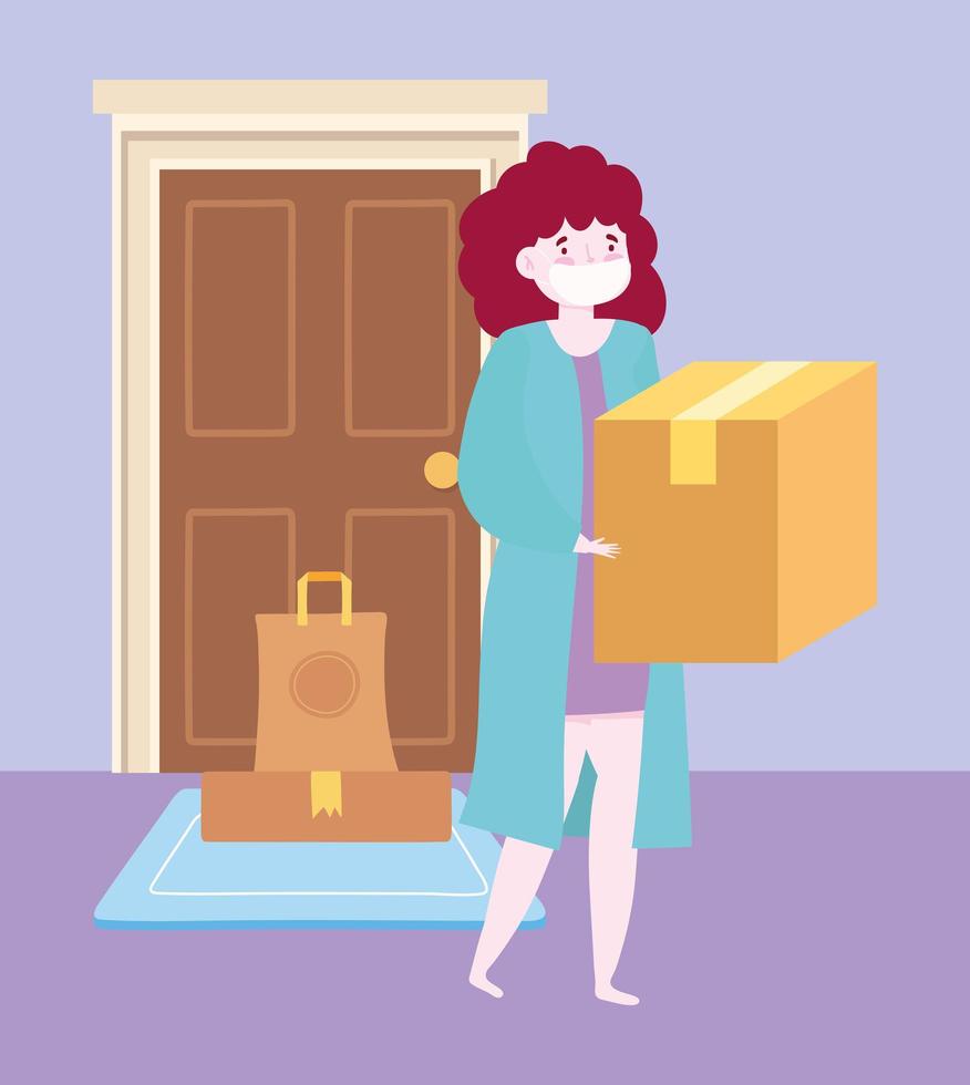 parto seguro em casa durante coronavírus covid 19, mulher carregando caixa e pedido na porta vetor