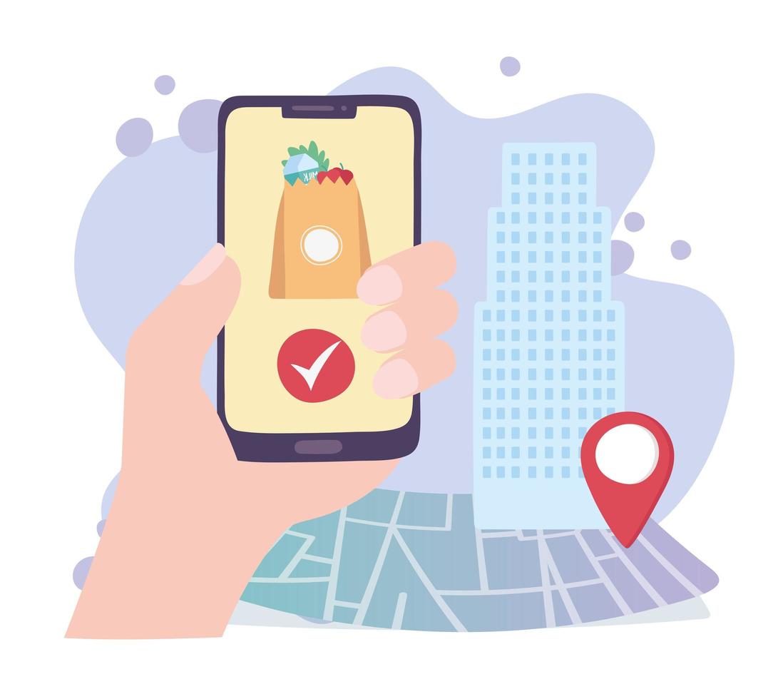 pandemia de coronavírus covid 19, serviço de entrega, mão com ponteiro de mapa on-line para smartphone vetor