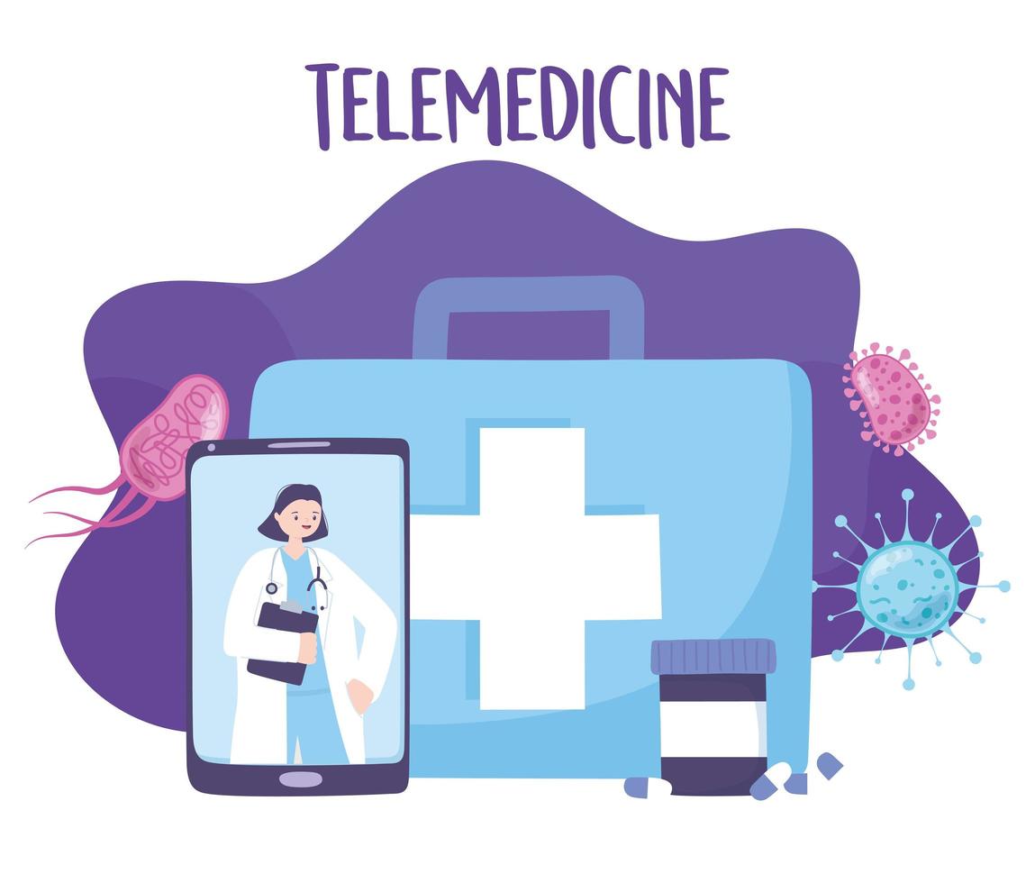 telemedicina, medicamentos de prescrição médica em smartphone, tratamento médico e serviços de saúde online vetor