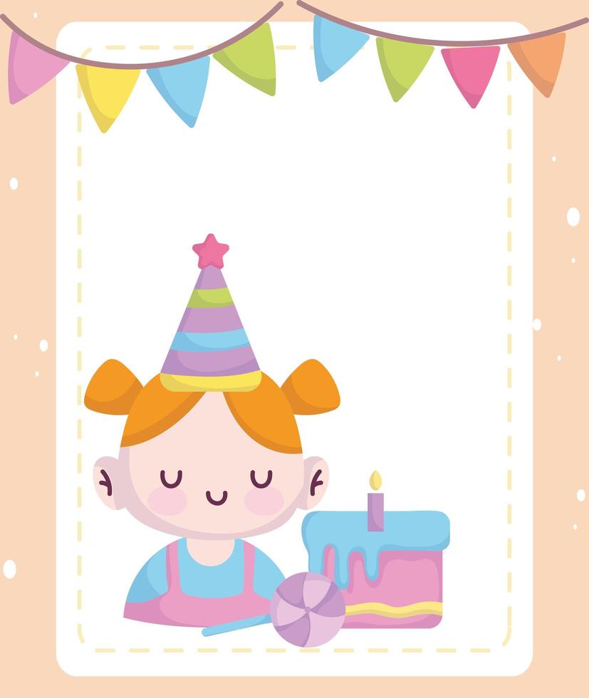 chá de bebê, menina com chapéu de festa e bolo, anuncia o cartão de boas-vindas do recém-nascido vetor