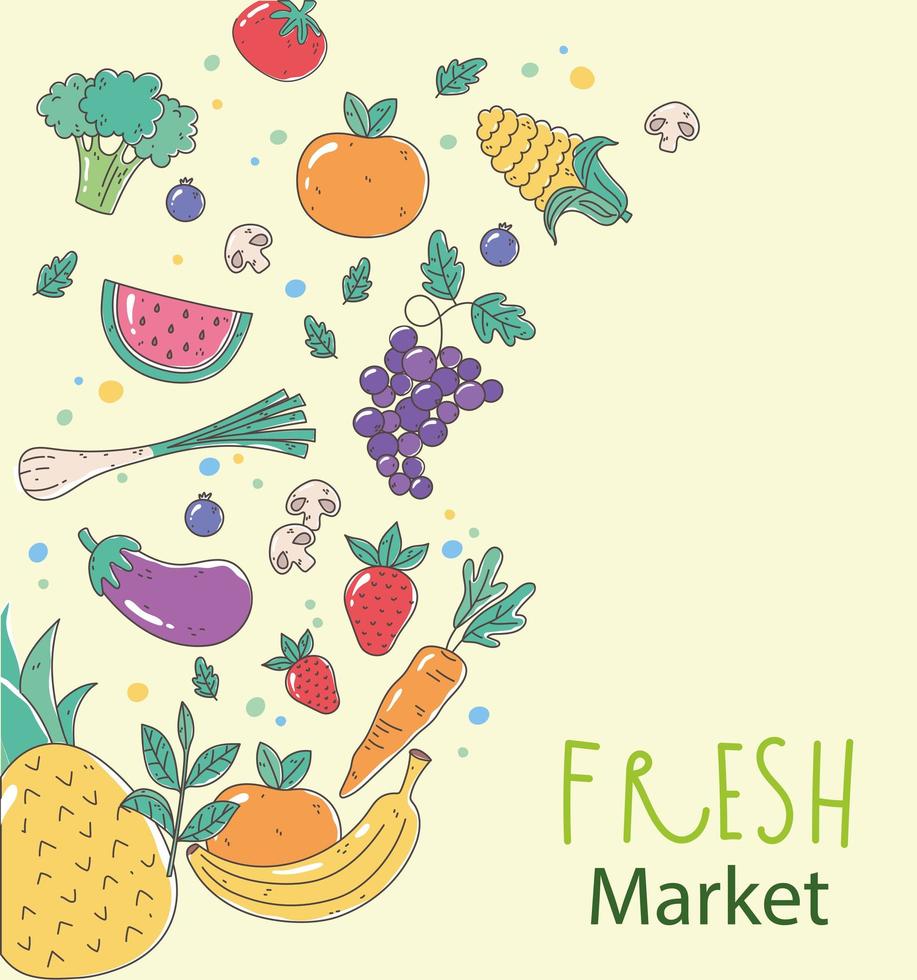 Pôster de alimentos orgânicos saudáveis com frutas e vegetais no mercado de produtos frescos vetor