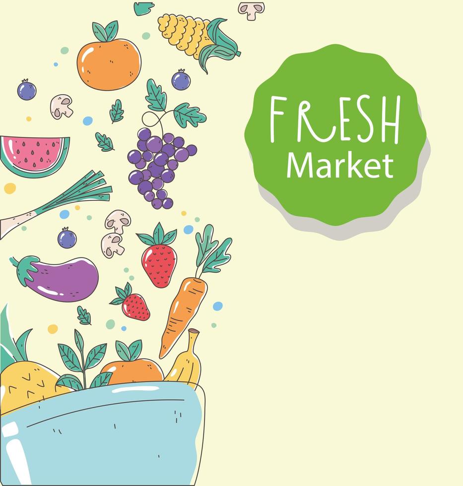 tigela de comida orgânica saudável com frutas e vegetais frescos do mercado vetor