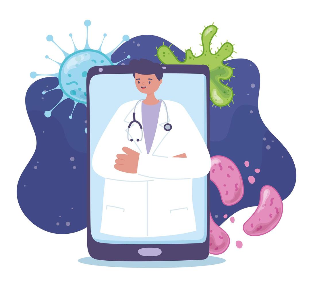telemedicina, surto de coronavírus em smartphone médico, tratamento médico e serviços de saúde online vetor