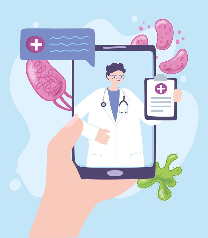 telemedicina, mão com médico de vídeo chat em smartphone, tratamento médico e serviços de saúde online vetor