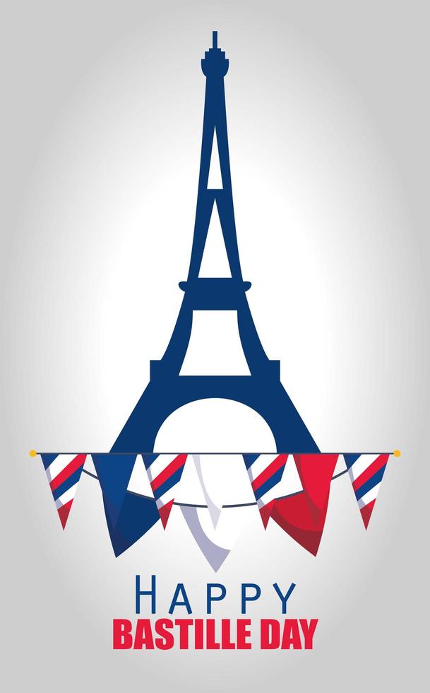 Torre Eiffel da França com flâmula de feliz dia da bastilha desenho vetorial vetor