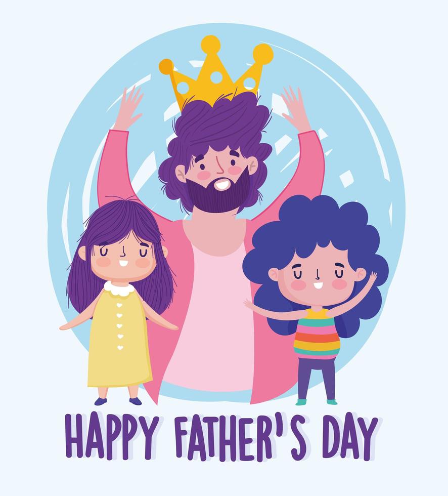 feliz dia dos pais, pai usando coroa com personagens de filha e filho vetor