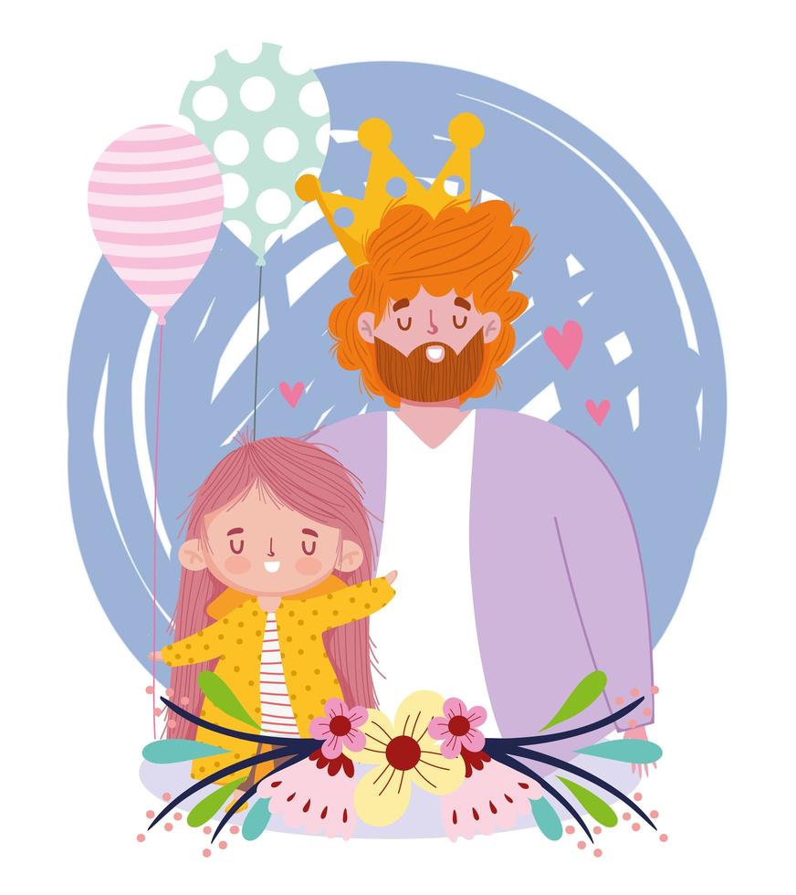 feliz dia dos pais, homem com filha coroa e decoração de balões vetor