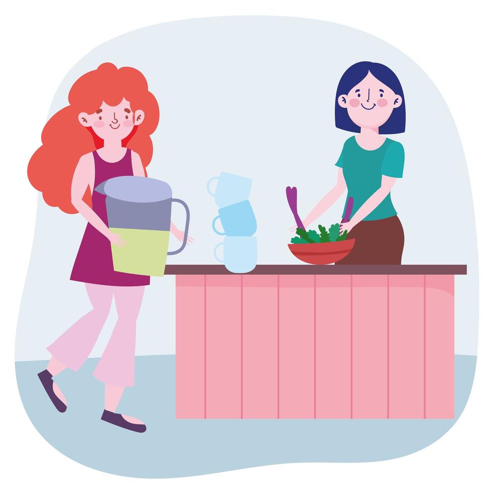 pessoas cozinhando, mulher e menina com jarra de suco de legumes na cozinha do balcão da tigela vetor
