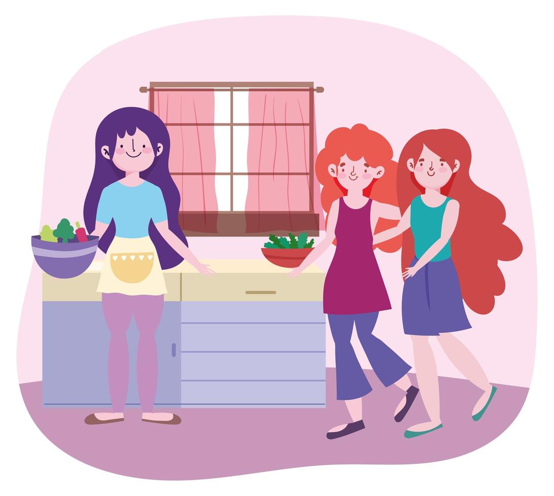 pessoas cozinhando, meninas com comida em tigelas, design de cozinha vetor
